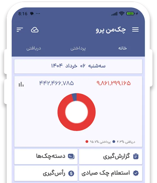 تصویر صفحه اصلی اپ چک من با نمایش خلاصه‌ای از وضعیت چک‌ها